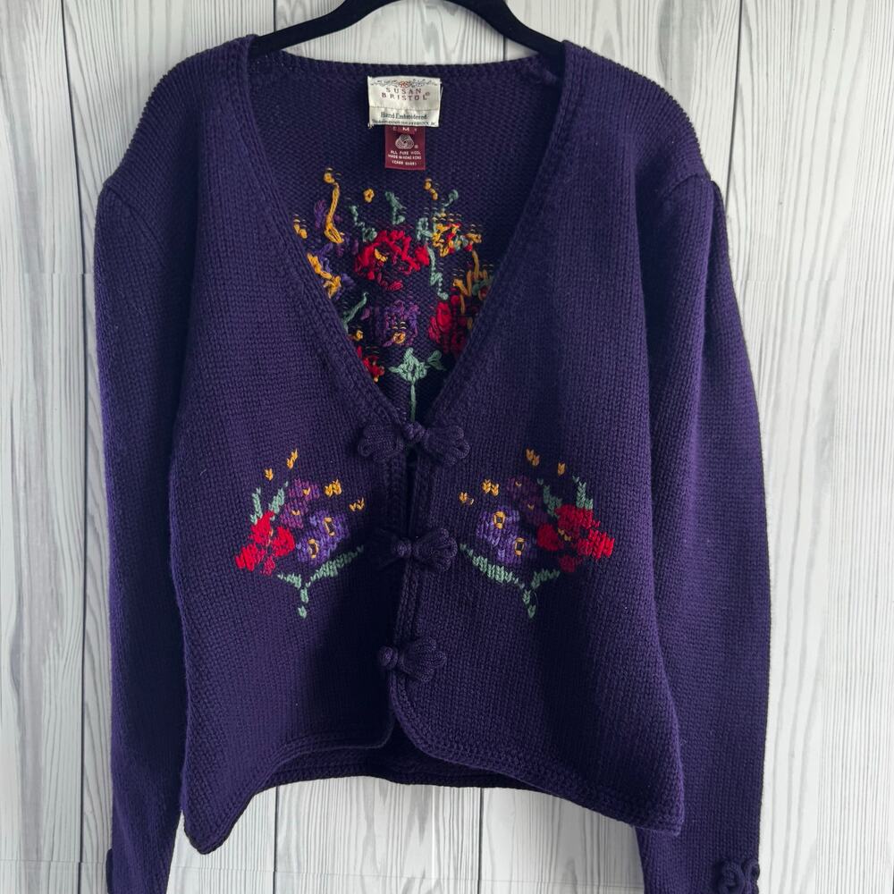 Vintage Susan Bristol Hand Embroidered 1989 Purple Pure Wool Cardigan Medium NEW